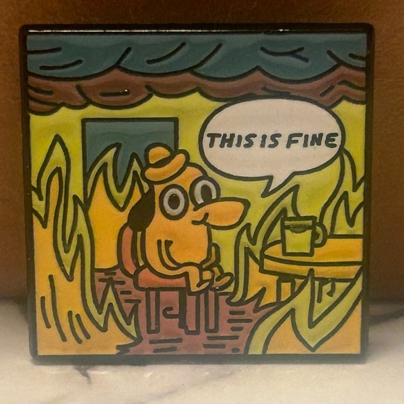 Meme “This is Fine” Office on Fire with Dog Enamel Pin - Picture 1 of 4